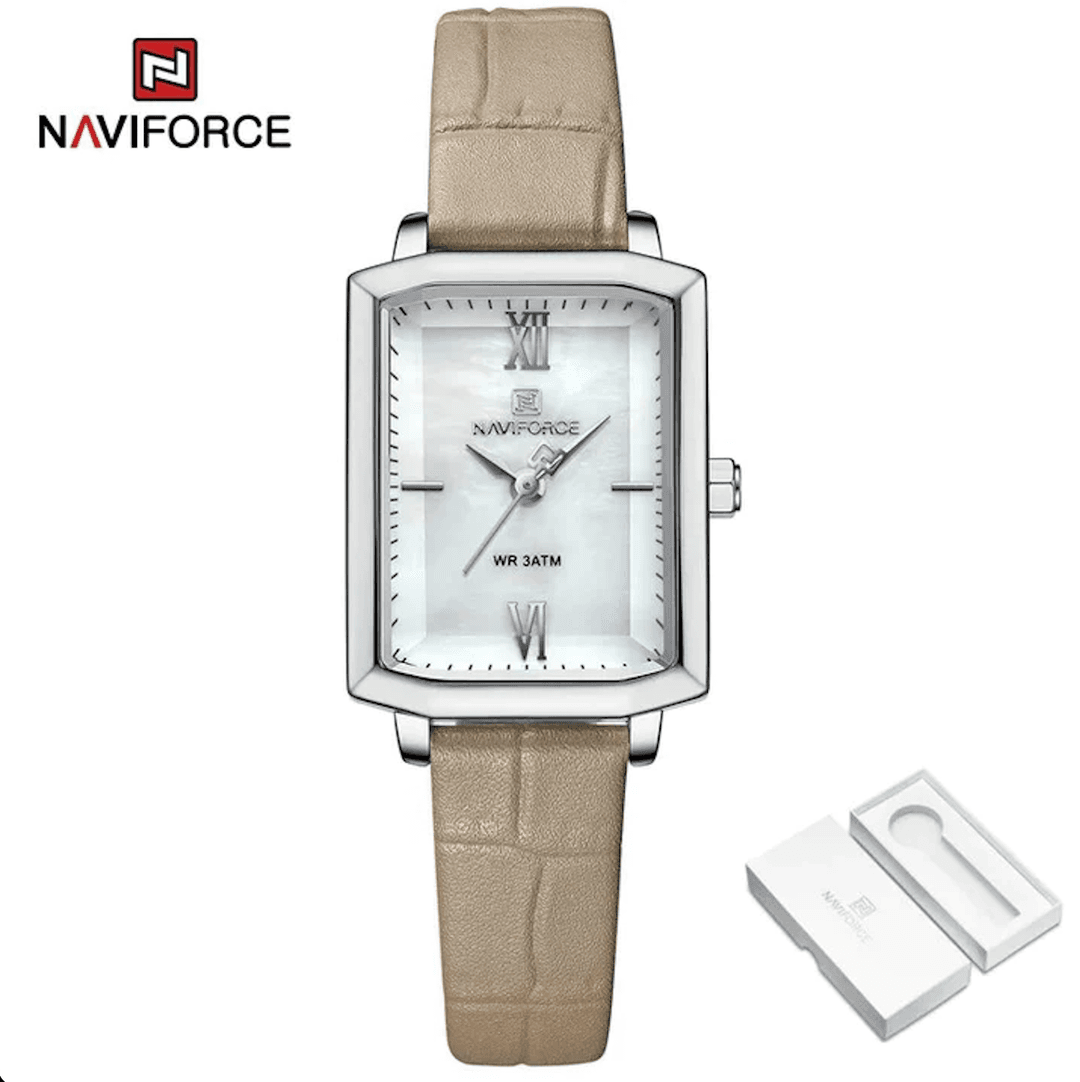 Naviforce NF5039 Beige S/W/GY Women’s Luxury Unique Waterproof Microfiber Bracelet Wristwatch WatchNest